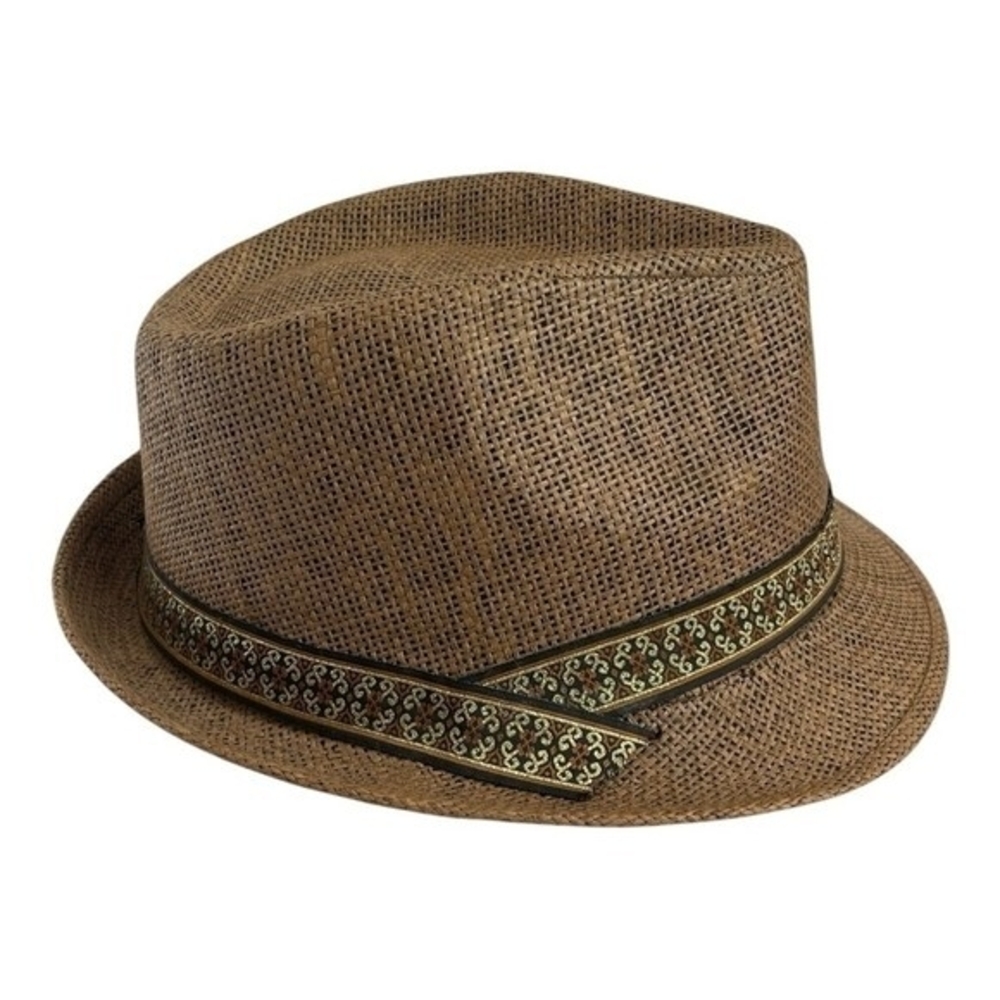 Mens Tan Brown Gold Banded 100% Straw Short Brim Fedora Hat Sz 62cm Barely Worn - Picture 3 of 7